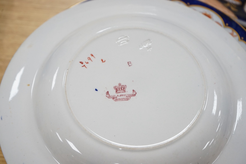 Fifteen items of a mid 19th century Mason's/Ashworth’s ironstone dinner service. Oval meat platter 48.5cm wide. Condition - three plates chipped, some losses to gilding